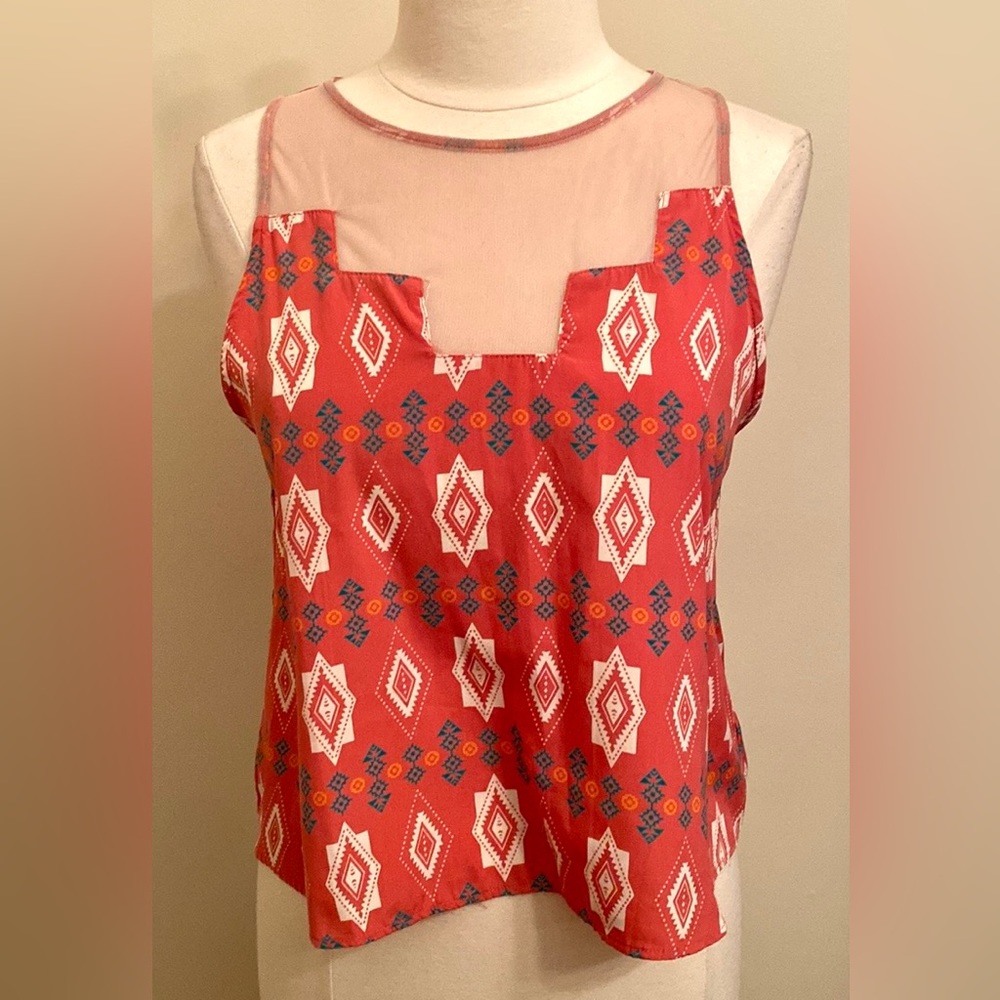 Lush Orange Aztec Print  M Southwestern Indie Festival Boho Artsy Mesh Tank Top